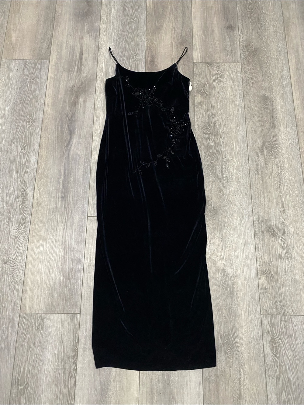 Y2K Black Velvet Slip Dress with Beaded Floral Detail - Picture 1 of 5